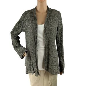 Eileen Fisher Linen Wool Marled Drape Cardigan Sweater Black White Size M